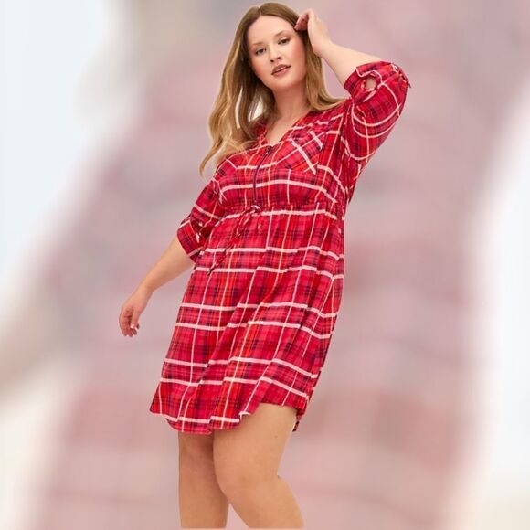 TORRID Plus Size  Zip Front Plaid Pink Stretch Challis Shirt Dress - Picture 11 of 16